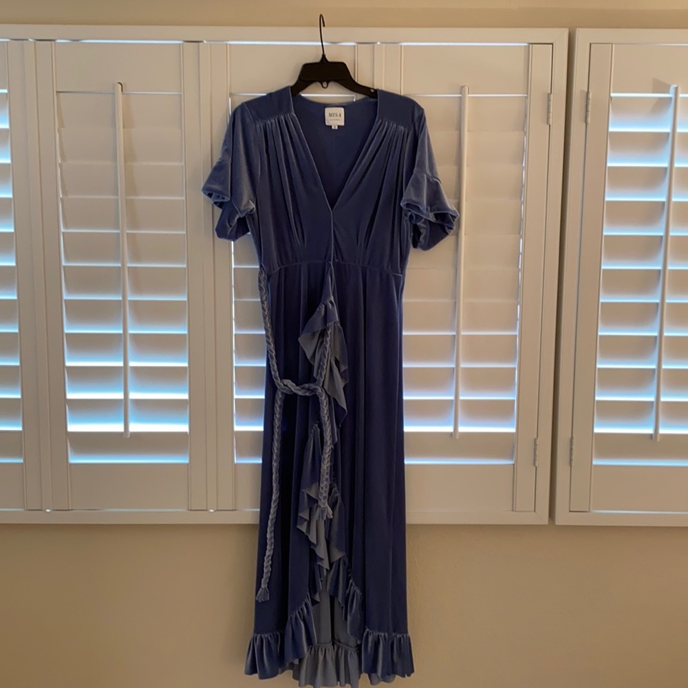 Blue velvet wrap dress.